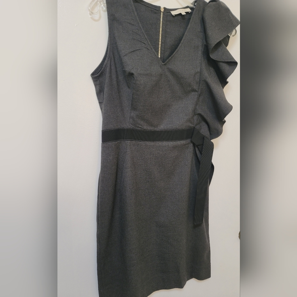 Sandro Paris Dress Gray Ruffle Trim Ribbon Belted Sheath Stretch Size Small New - Picture 6 of 16